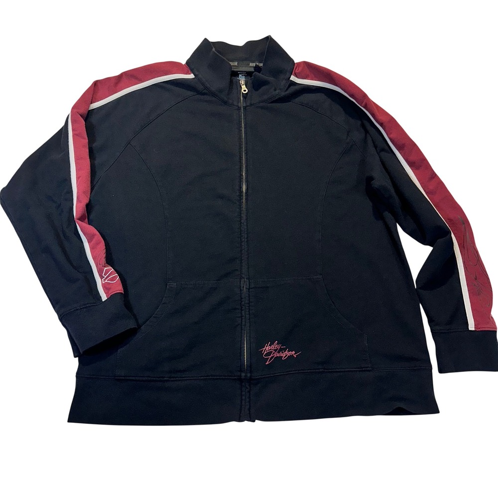 Harley Davidson Zip Up Track Jacket Womens 2W Black Burgundy Biker Moto Core